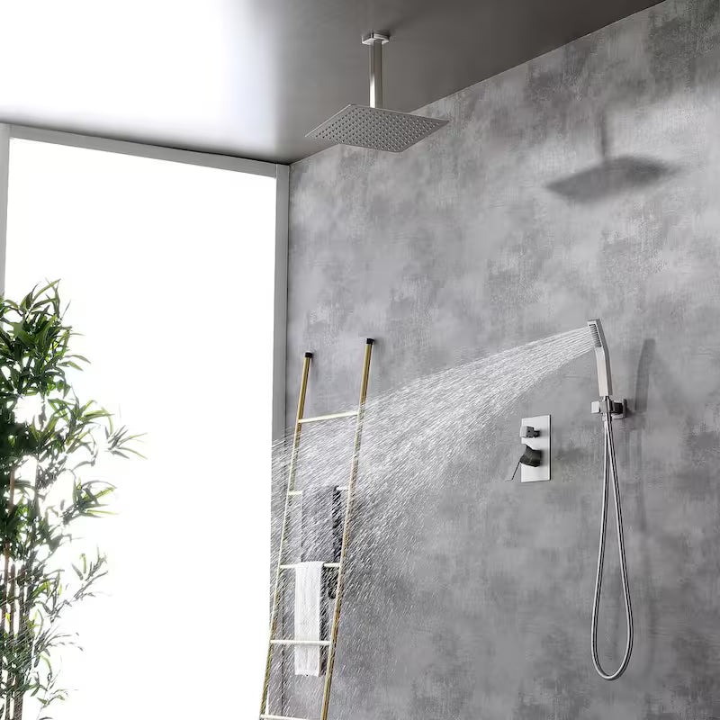 12 in. Ceiling Mount Dual Shower Heads with Pressure Balance Valve in Brushed Nickel B873628