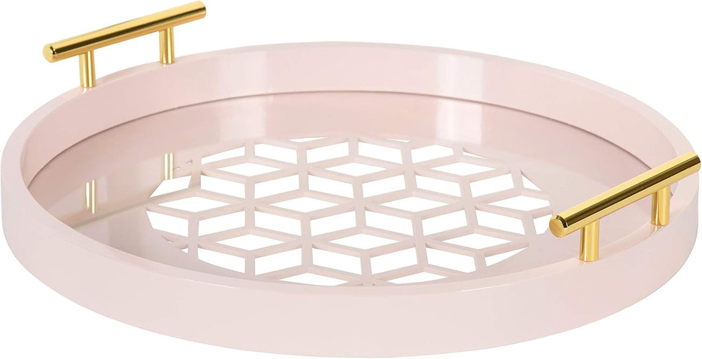 Pink Pack of 2 Decorative Round Tray with Gold Metal Handles U387