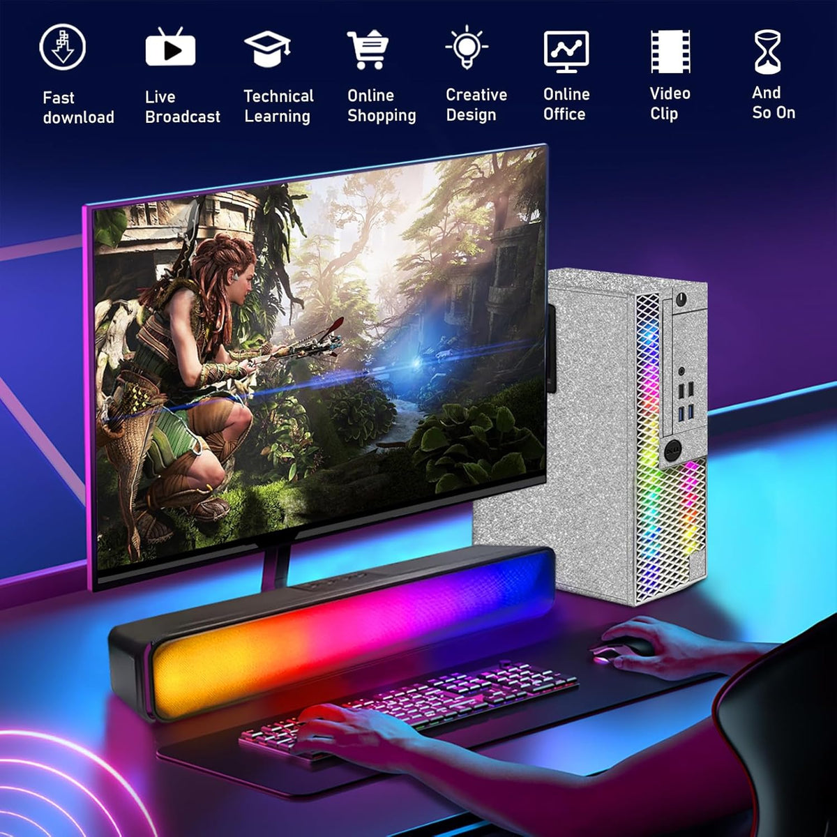 RGB Gaming Desktop Computer, Intel Quad Core I5-6500, GeForce GT 1030 2G GDDR5, 32GB Memory, 1T SSD, Win 10 Pro C68363