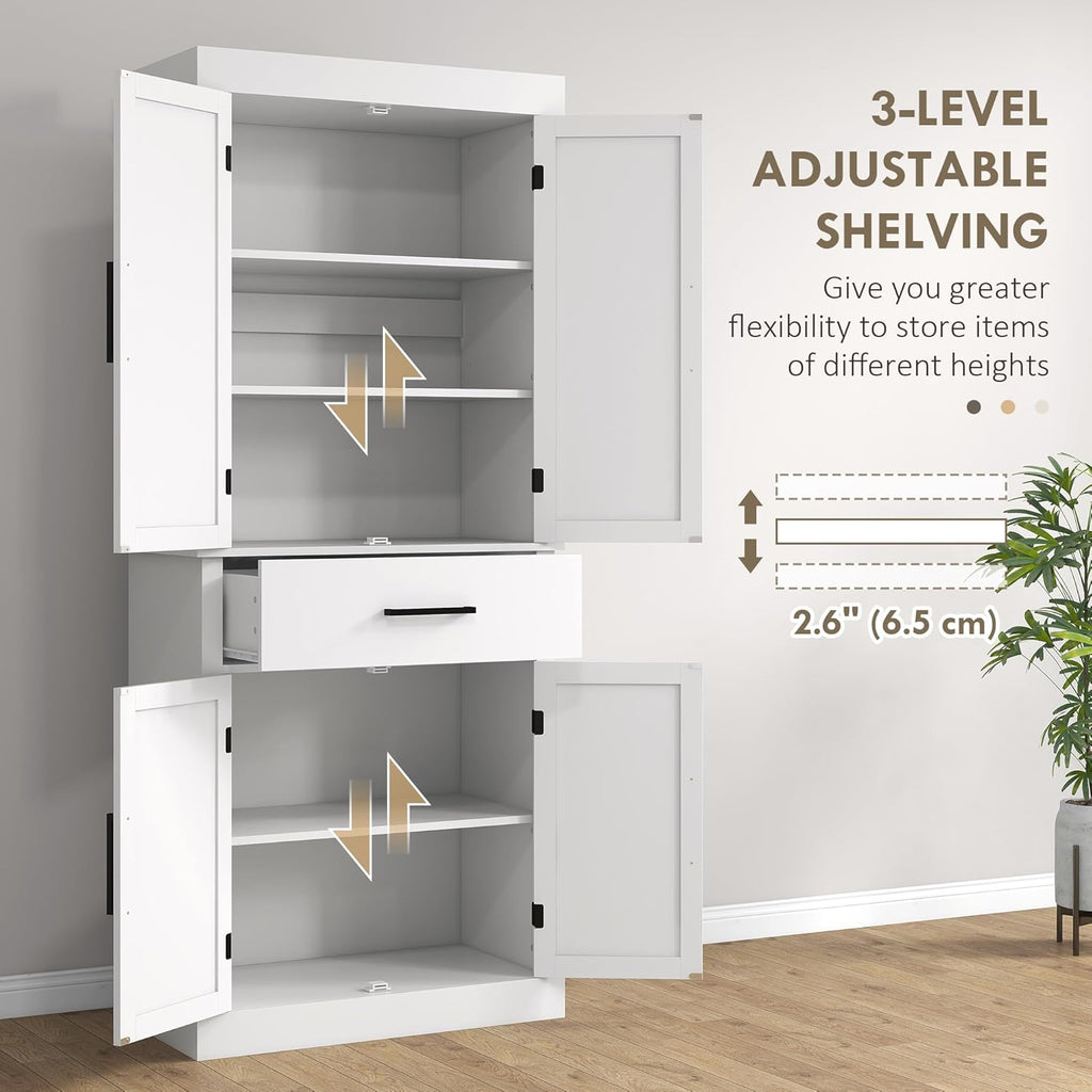 White 72" Tall Kitchen Pantry Storage Cabinet with 4 Barn Doors, Drawer, 5-Tier Shelf and Adjustable Shelves G390