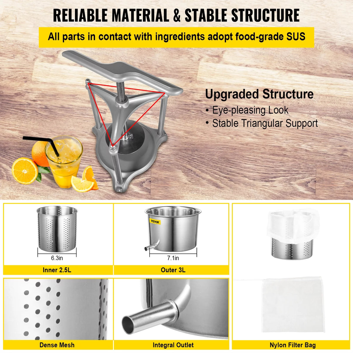 3 L Dual Stainless Steel Barrels Wine Press Machine H438792