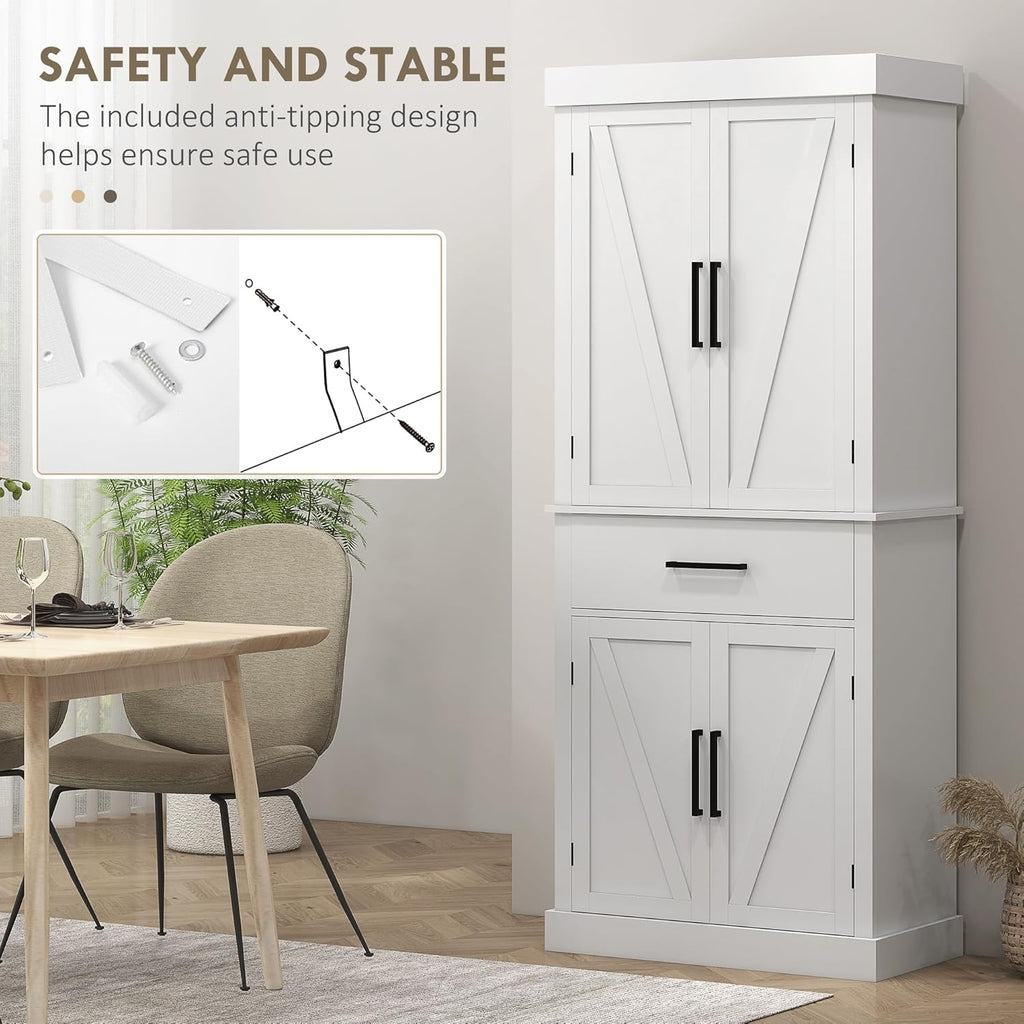 White 72" Tall Kitchen Pantry Storage Cabinet with 4 Barn Doors, Drawer, 5-Tier Shelf and Adjustable Shelves G390