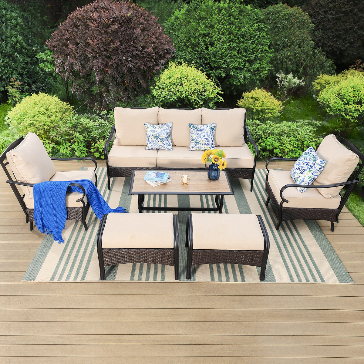 7-Seat Patio Conversation Set with 3-Seat Sofa, Rocking Chairs, Ottomans & Table, Black & Beige C577