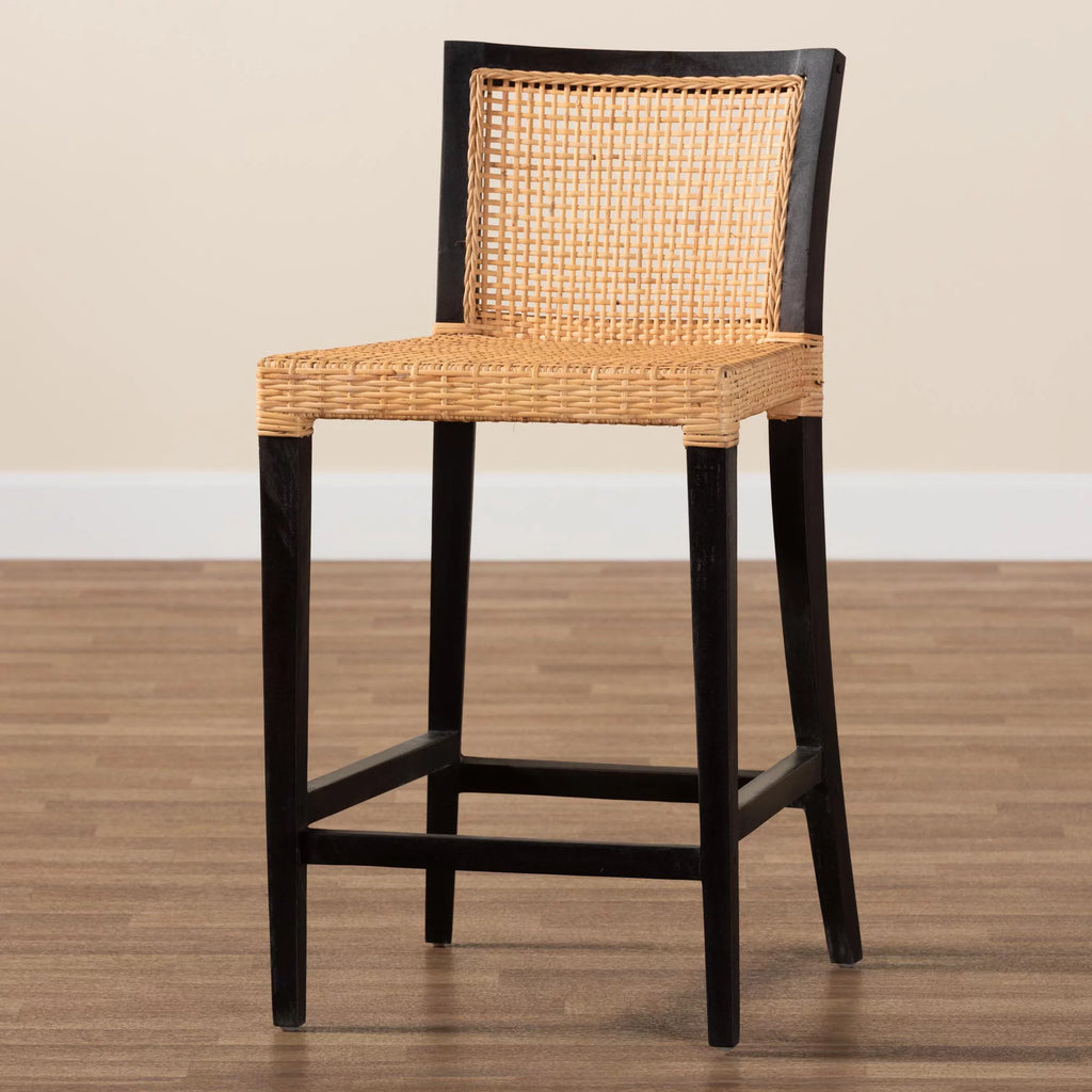 Dark Brown Mahogany Wood and Natural Rattan Counter Stool Z254996