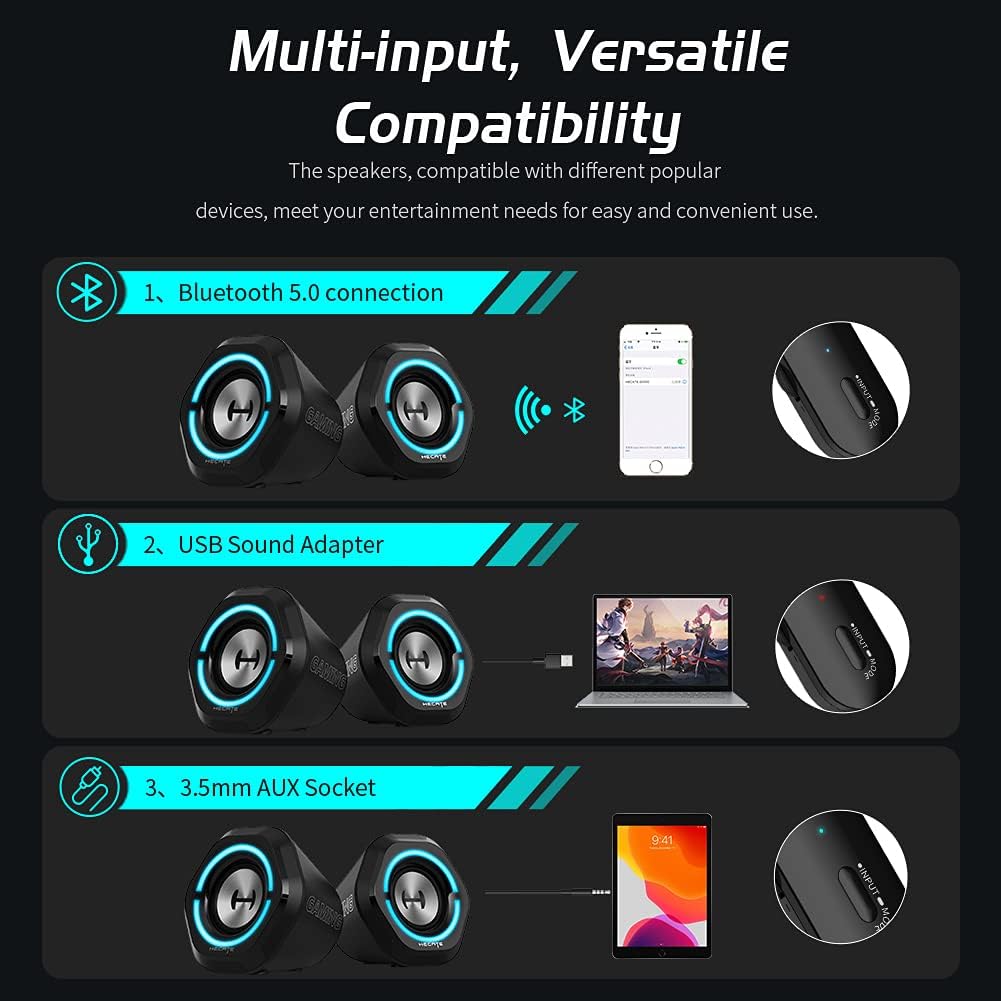 USB Bluetooth Computer Speakers, RGB Lights, Black, Pack of 2 O84834