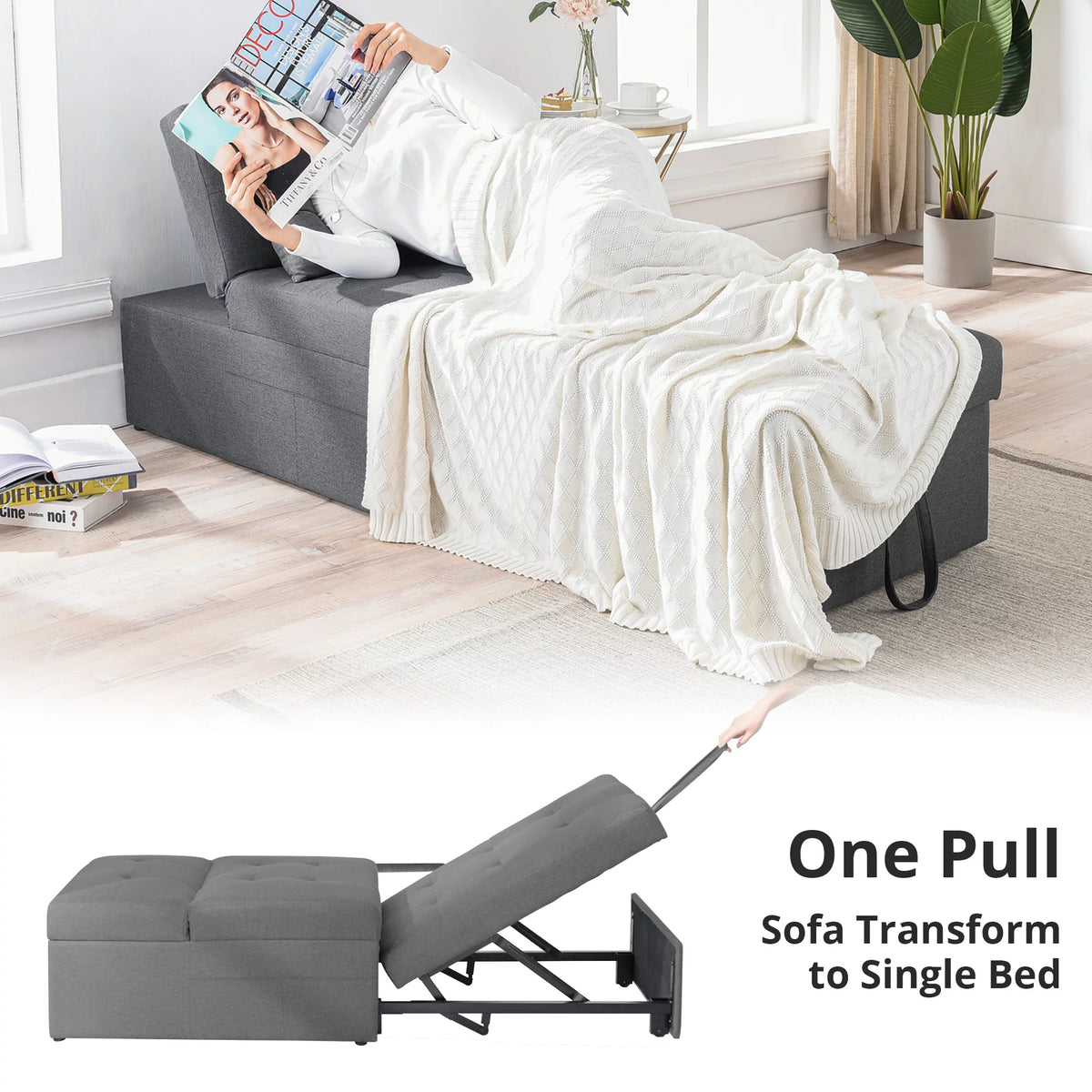 Charcoal Black Linen Fabric 4 in 1 Convertible Sleeper Chair B28375