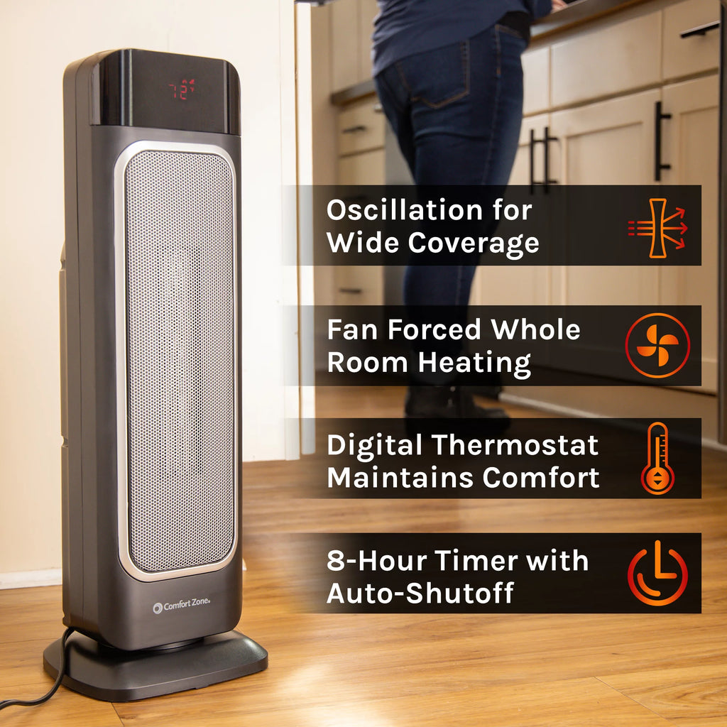 1500 Watt 29" Oscillating Digital Tower Heater with Remote, Adjustable Thermostat, Black I78150
