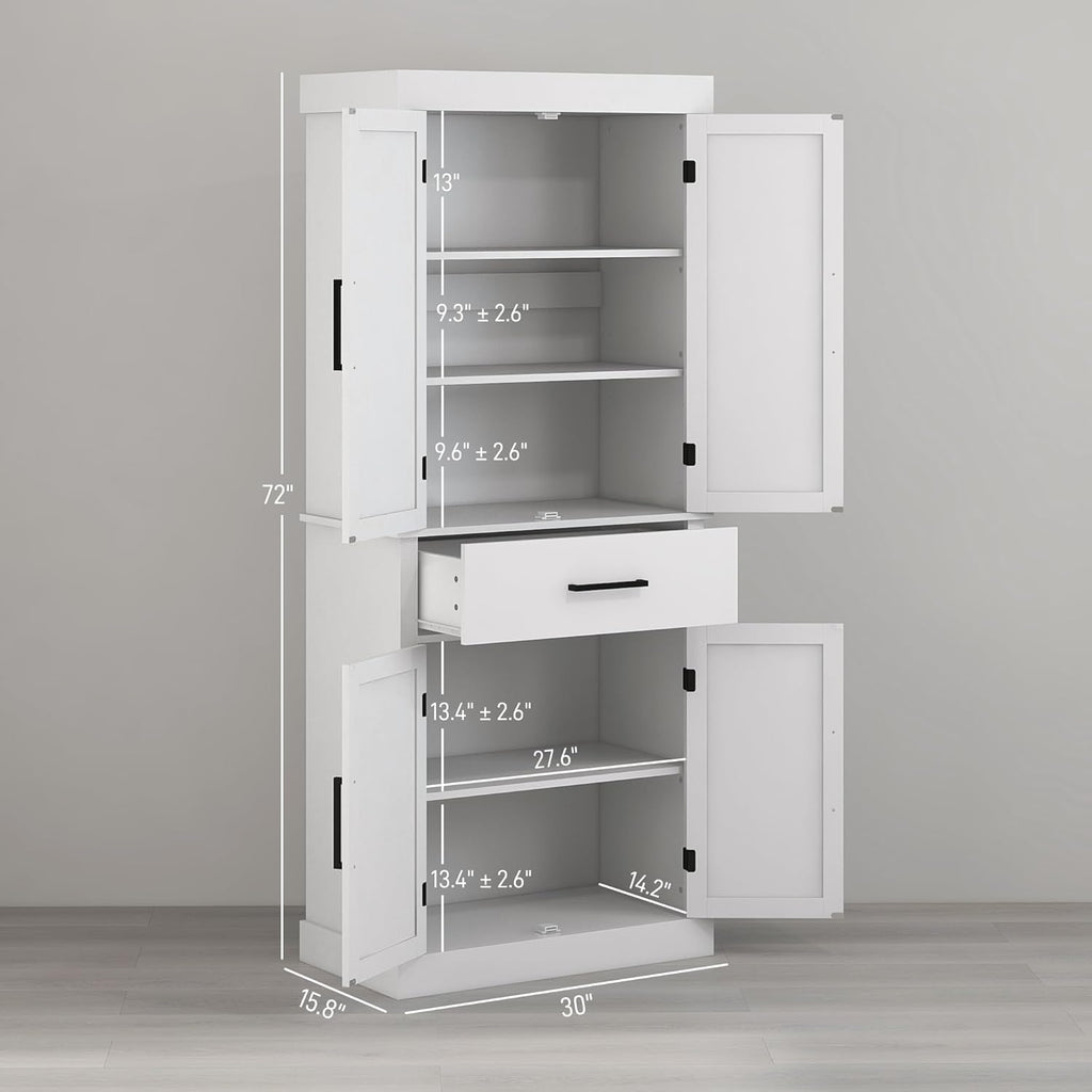 White 72" Tall Kitchen Pantry Storage Cabinet with 4 Barn Doors, Drawer, 5-Tier Shelf and Adjustable Shelves G390