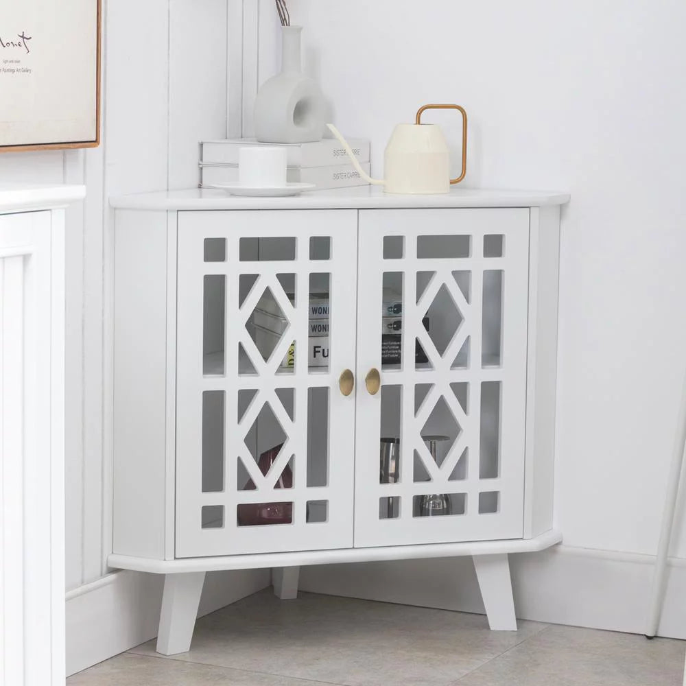 White 32" Corner Storage Cabinet with 2 Doors and 2-Tier Shelves H6491