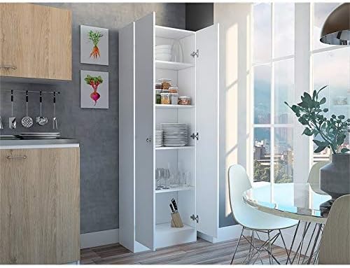 White & Light Oak Kitchen Tall Utility Storage Pantry Cabinet with Metal Handles U291166