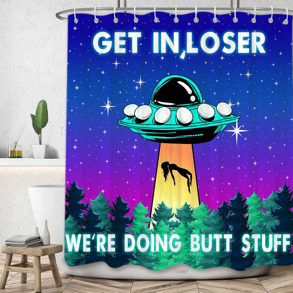 UFO Blue Purple Space Fabric Shower Curtain Set with Hooks 72X72 Inch D26358