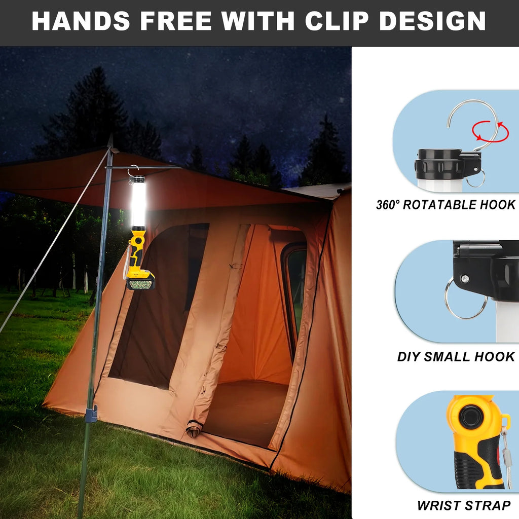 360° Outdoor Camping Lantern with Hooks, 26W 2000LM, for Dewalt 20V Li-ion Battery K8804
