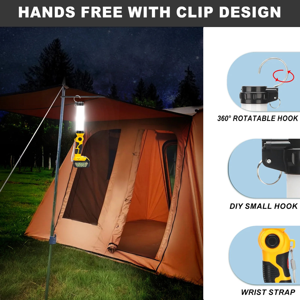 360° Outdoor Camping Lantern with Hooks, 26W 2000LM, for Dewalt 20V Li-ion Battery K8804