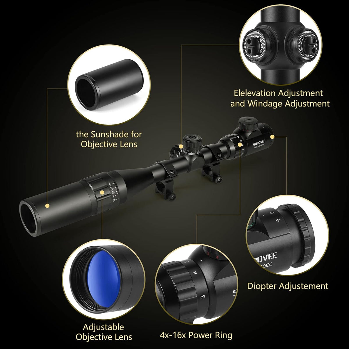4-16x44 AO Rifle Scope with Red/Green Reticle Illuminated, Locking Turret, Sunshade and 20mm Rail Mount, Pack of 2 X4806