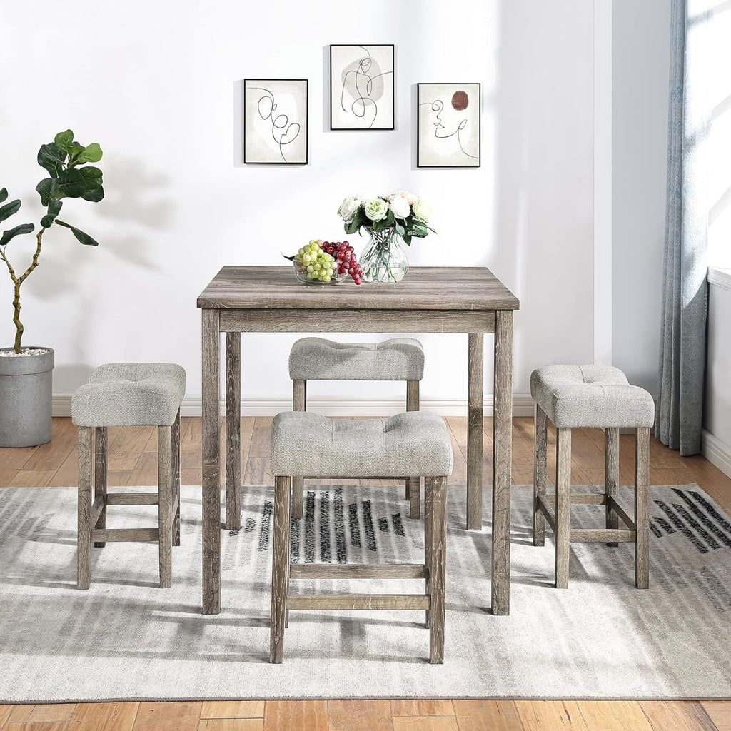 5 Piece Solid Wood Dining Table Set with 4 Upholstered Stools Q193