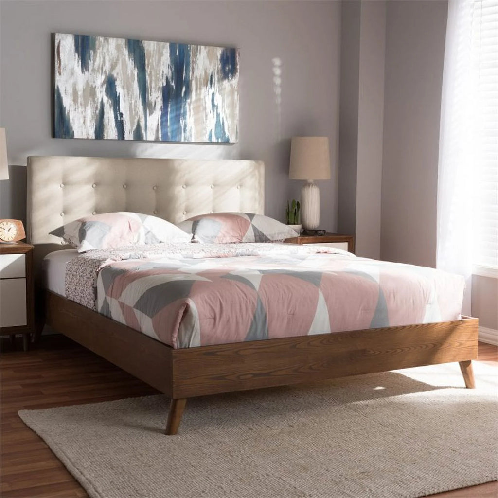 Mid-Century Wood Tufted Platform Bed, King, Beige/Brown C54212