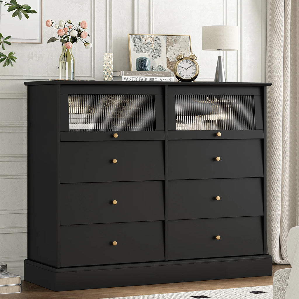 Black 8 Drawer Glass Door Wood Dresser Y17593