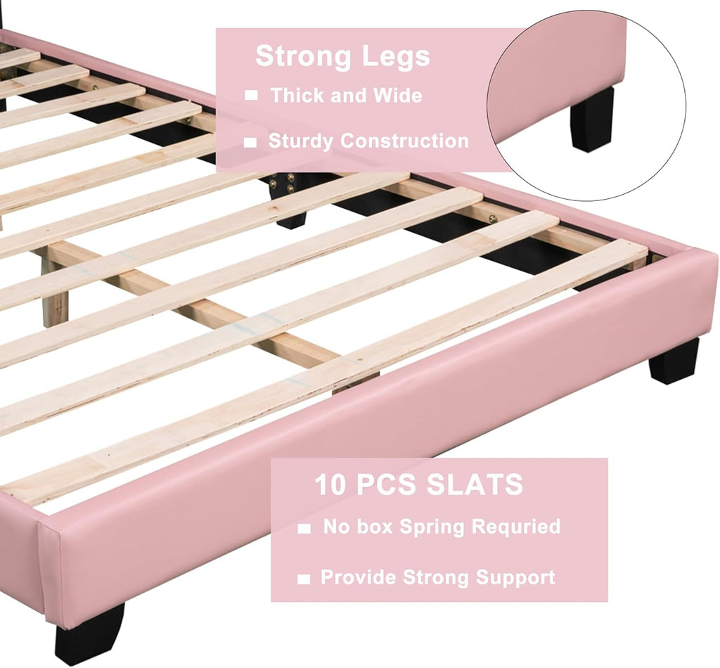 Pink Twin Size PU Upholstered Princess Bed Frame with Crown Headboard V453258