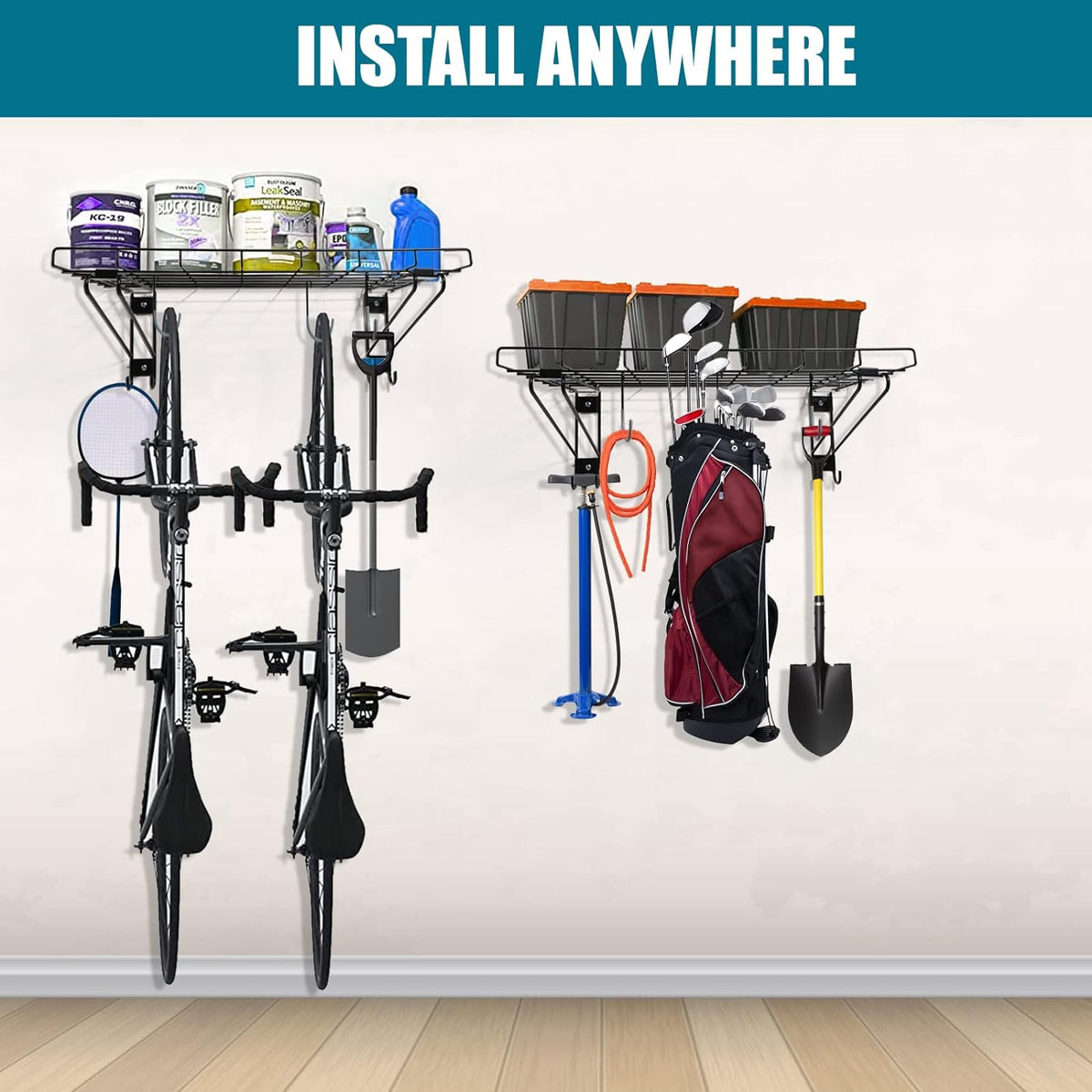 2-Pack Black Garage Wall Shelving with 6 Bike Hooks T290648