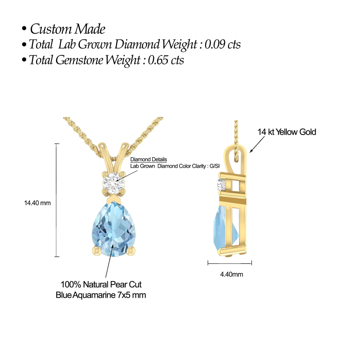 1.55 Carat 14K Yellow Gold Aquamarine and Round Lab Grown Diamond Solitaire Pendant Necklace I39957