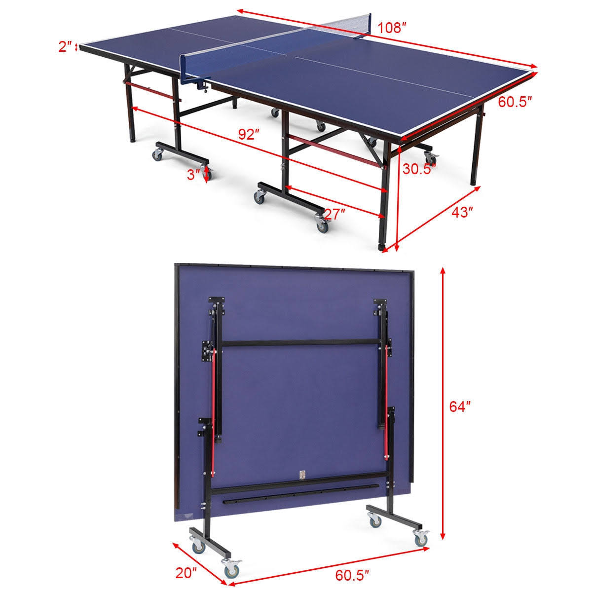 Foldable Table Tennis Table with Locking Casters I43365