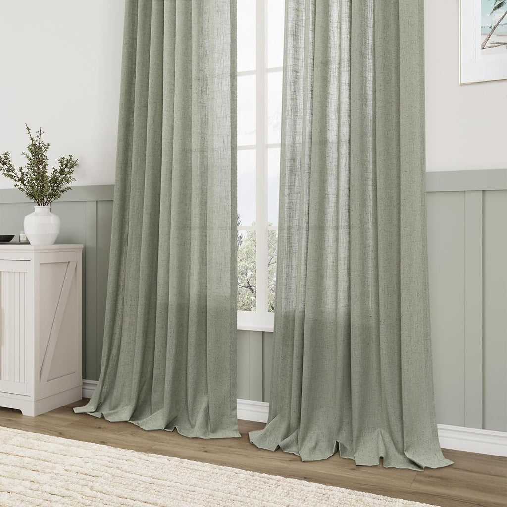 Sage Green Semi Sheer Linen Curtains 84 Inch Length 2 Panels Set Back Pocket 52x84 A46641