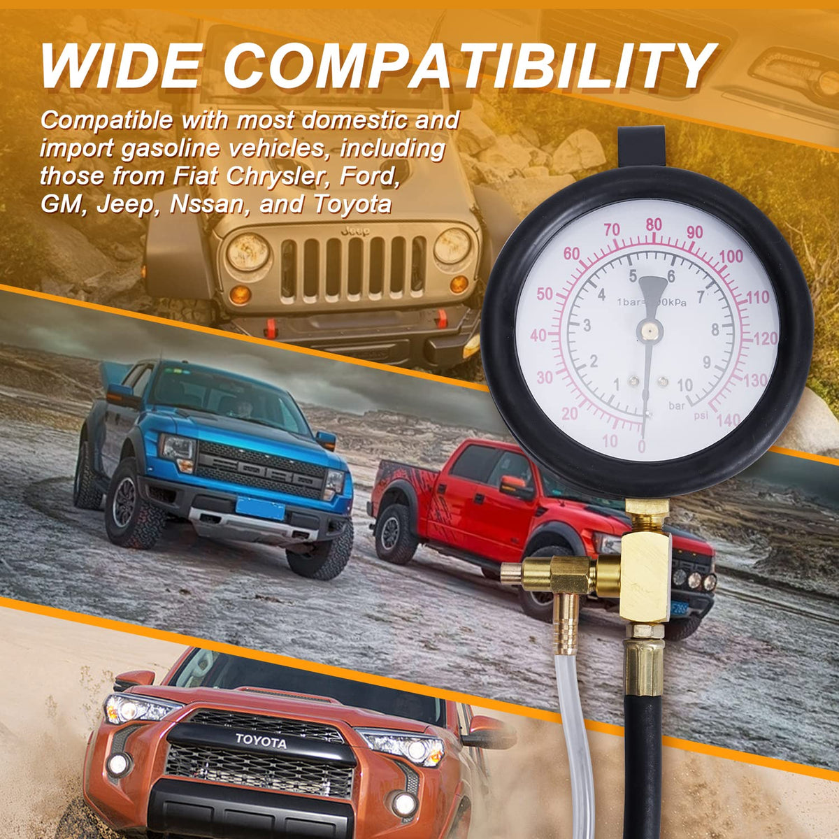 Fuel Injection Pressure Gauge Tester Kit with Adapter Fitting Set, Dual Scale 0-140 PSI / 10 Bar, Pack of 2 Y21931