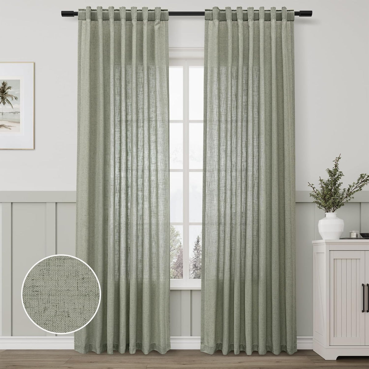 Sage Green Semi Sheer Linen Curtains 84 Inch Length 2 Panels Set Back Pocket 52x84 A46641