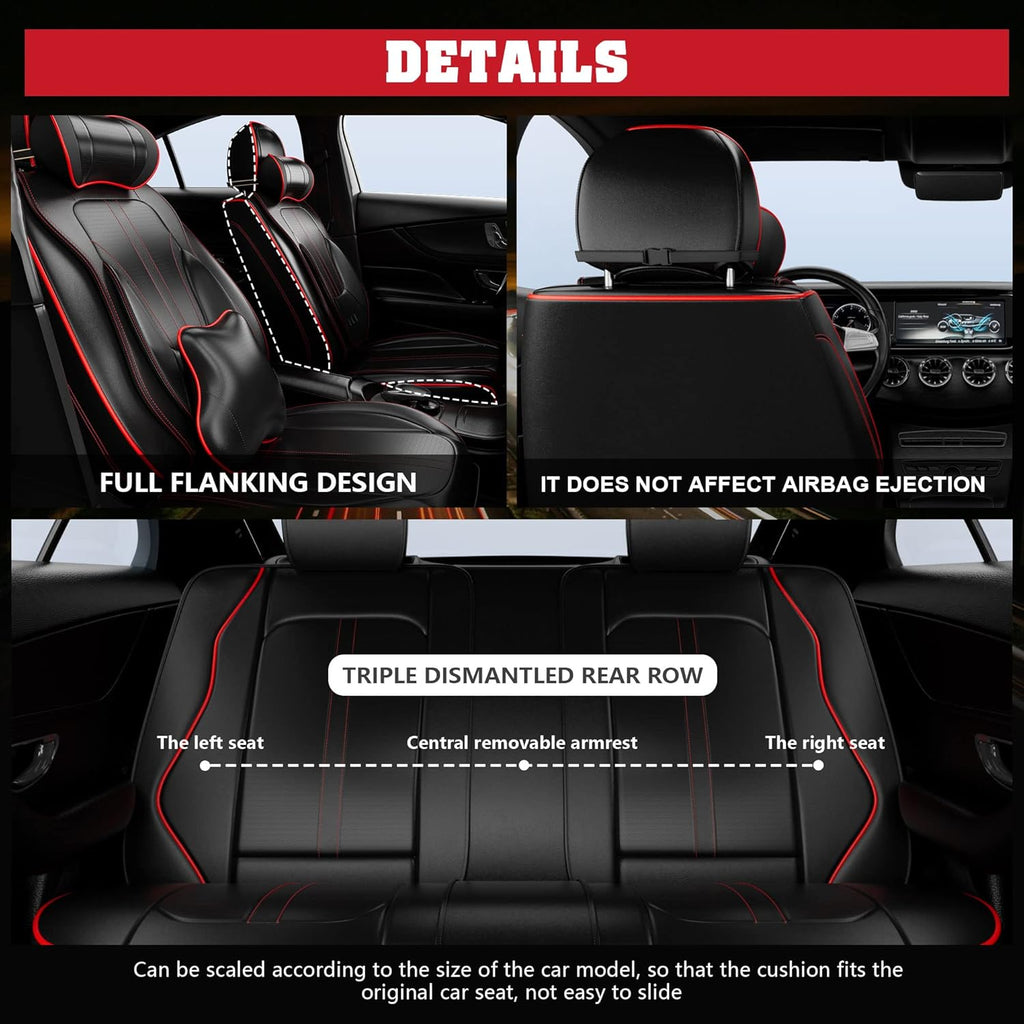 5PCS H7 Front and Back Car Seat Covers with Water Proof Nappa Leather (Full Set, Black&Red line) L7203