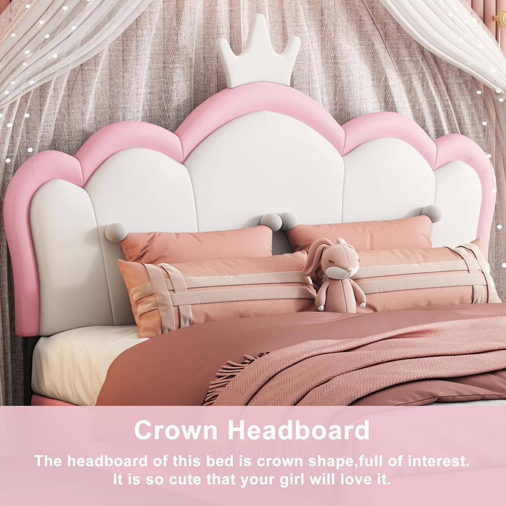 Pink Twin Size PU Upholstered Princess Bed Frame with Crown Headboard V453258