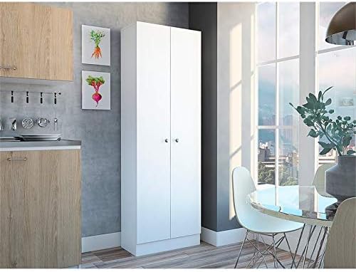 White & Light Oak Kitchen Tall Utility Storage Pantry Cabinet with Metal Handles U291166