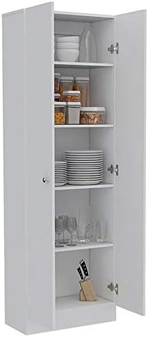 White & Light Oak Kitchen Tall Utility Storage Pantry Cabinet with Metal Handles U291166