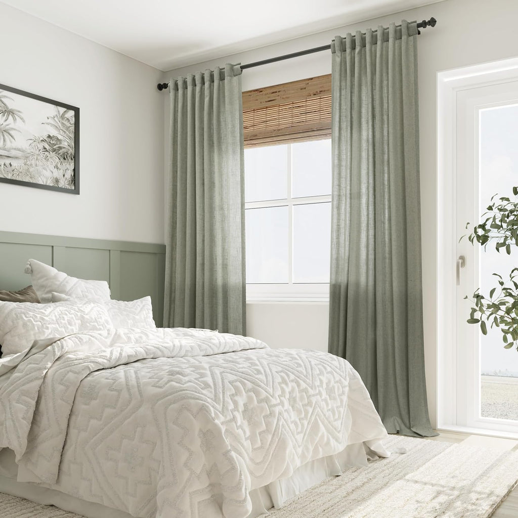 Sage Green Semi Sheer Linen Curtains 84 Inch Length 2 Panels Set Back Pocket 52x84 A46641