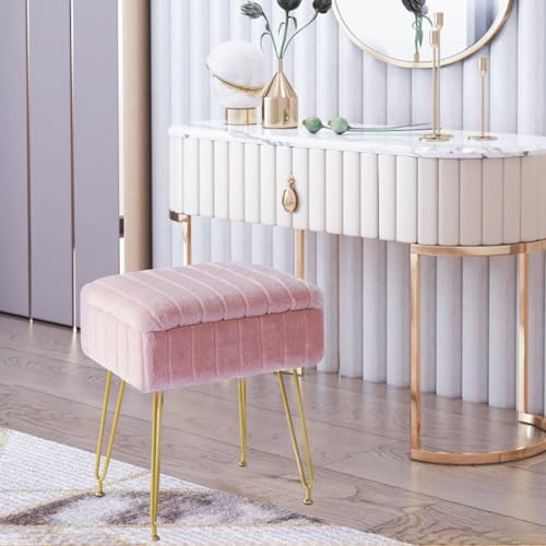 Pink Faux Fur Vanity Stool with Gold Metal Legs and Hidden Storage L290