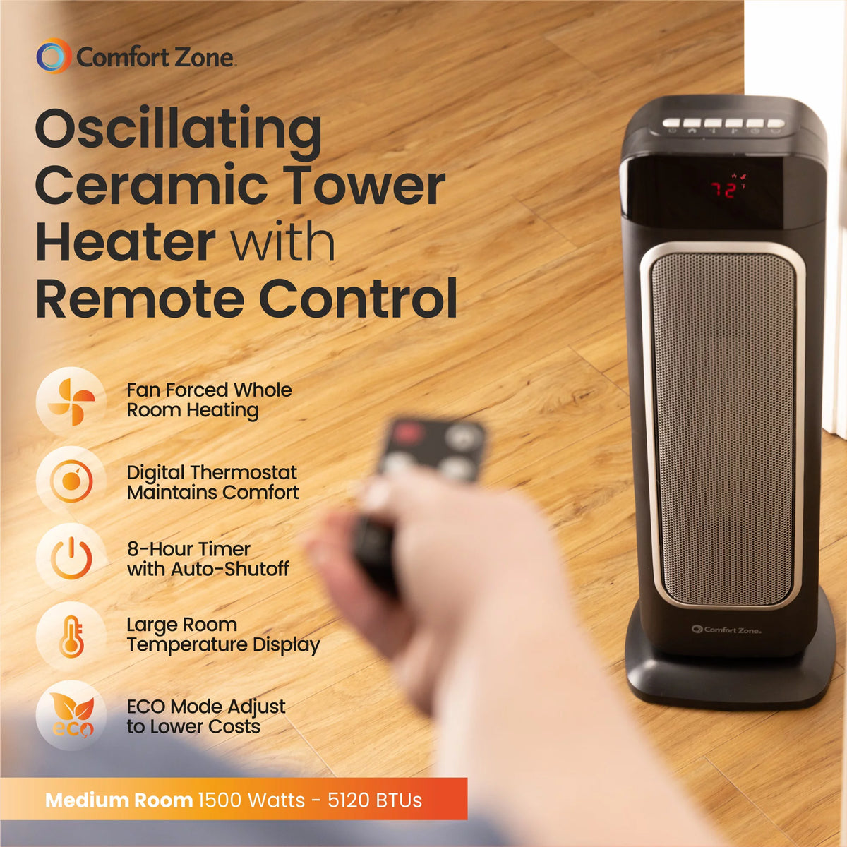 1500 Watt 29" Oscillating Digital Tower Heater with Remote, Adjustable Thermostat, Black I78150
