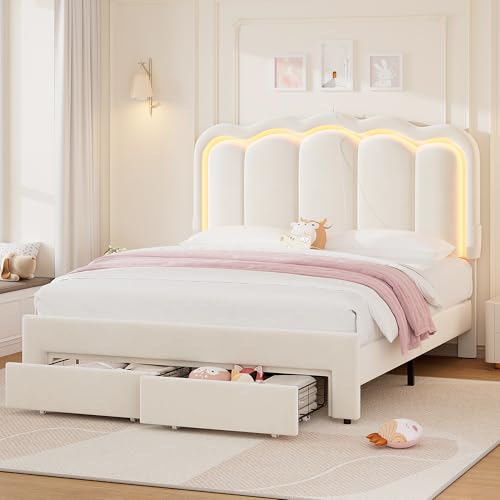 Beige Velvet Twin Upholstered Platform Bed with Storage Drawer I731112