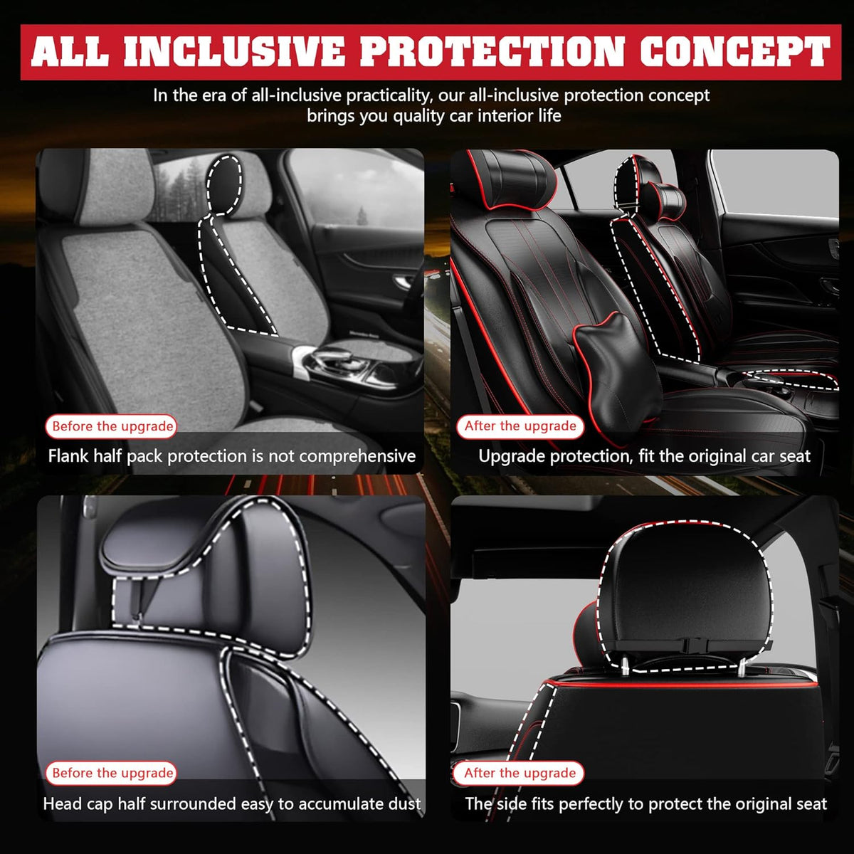 5PCS H7 Front and Back Car Seat Covers with Water Proof Nappa Leather (Full Set, Black&Red line) L7203
