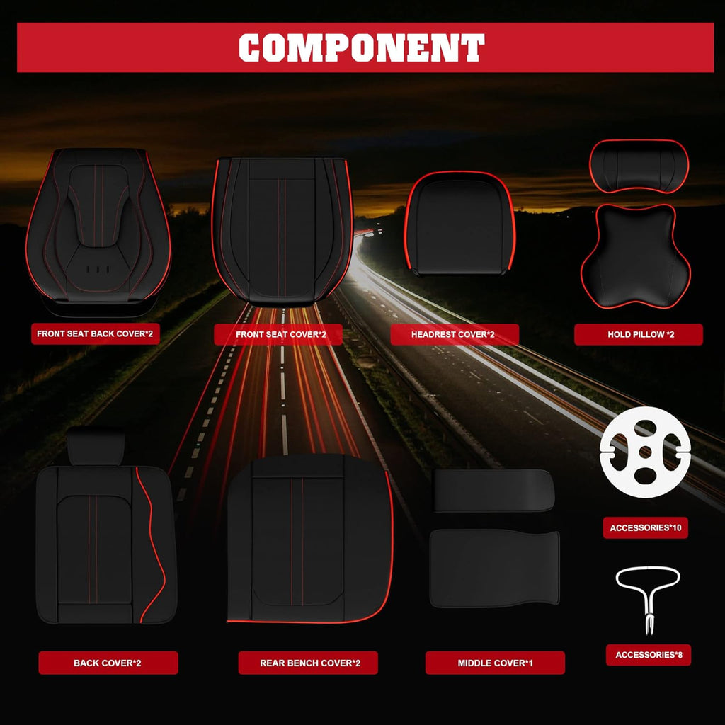 5PCS H7 Front and Back Car Seat Covers with Water Proof Nappa Leather (Full Set, Black&Red line) L7203