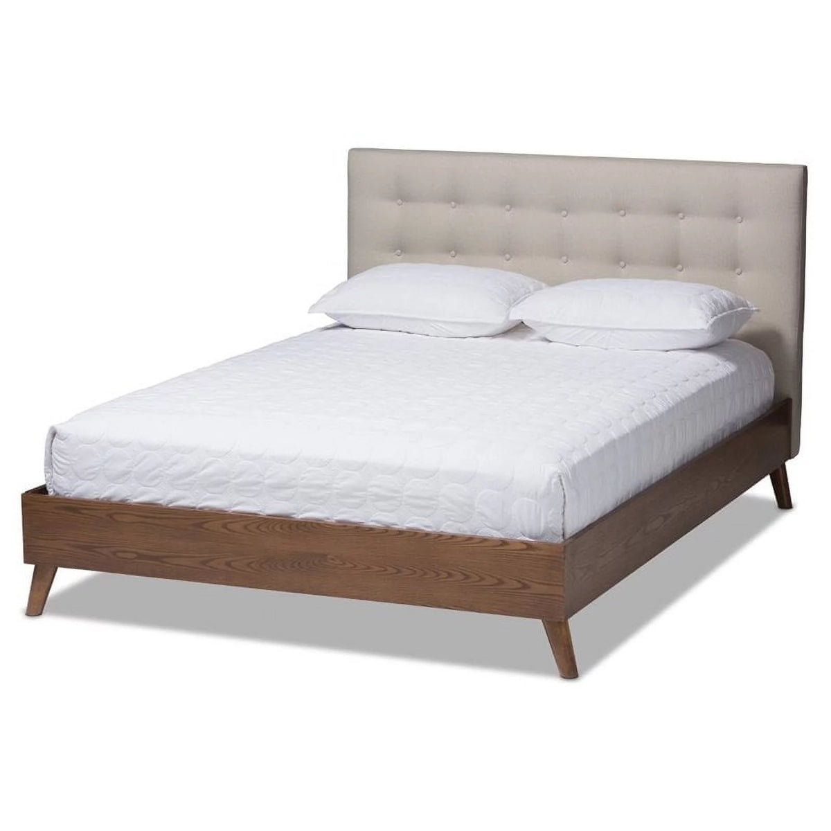 Mid-Century Wood Tufted Platform Bed, King, Beige/Brown C54212