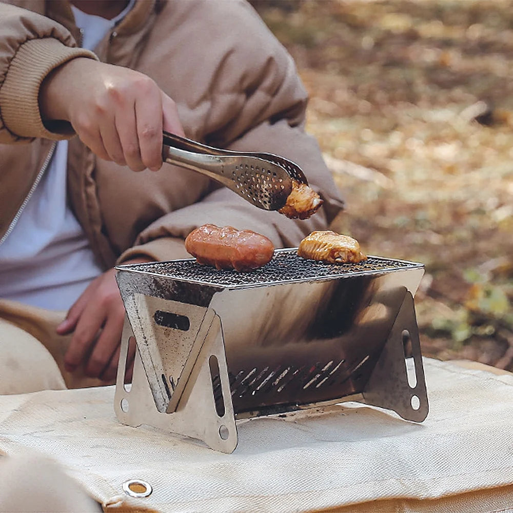 Portable Folding Stainless Steel Camping Wood Burning Stove with Grill Plate D5560