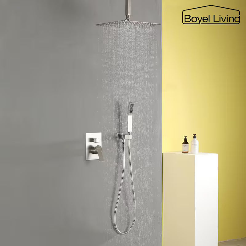 12 in. Ceiling Mount Dual Shower Heads with Pressure Balance Valve in Brushed Nickel B873628