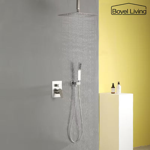 12 in. Ceiling Mount Dual Shower Heads with Pressure Balance Valve in Brushed Nickel B873628
