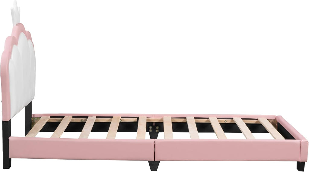Pink Twin Size PU Upholstered Princess Bed Frame with Crown Headboard V453258