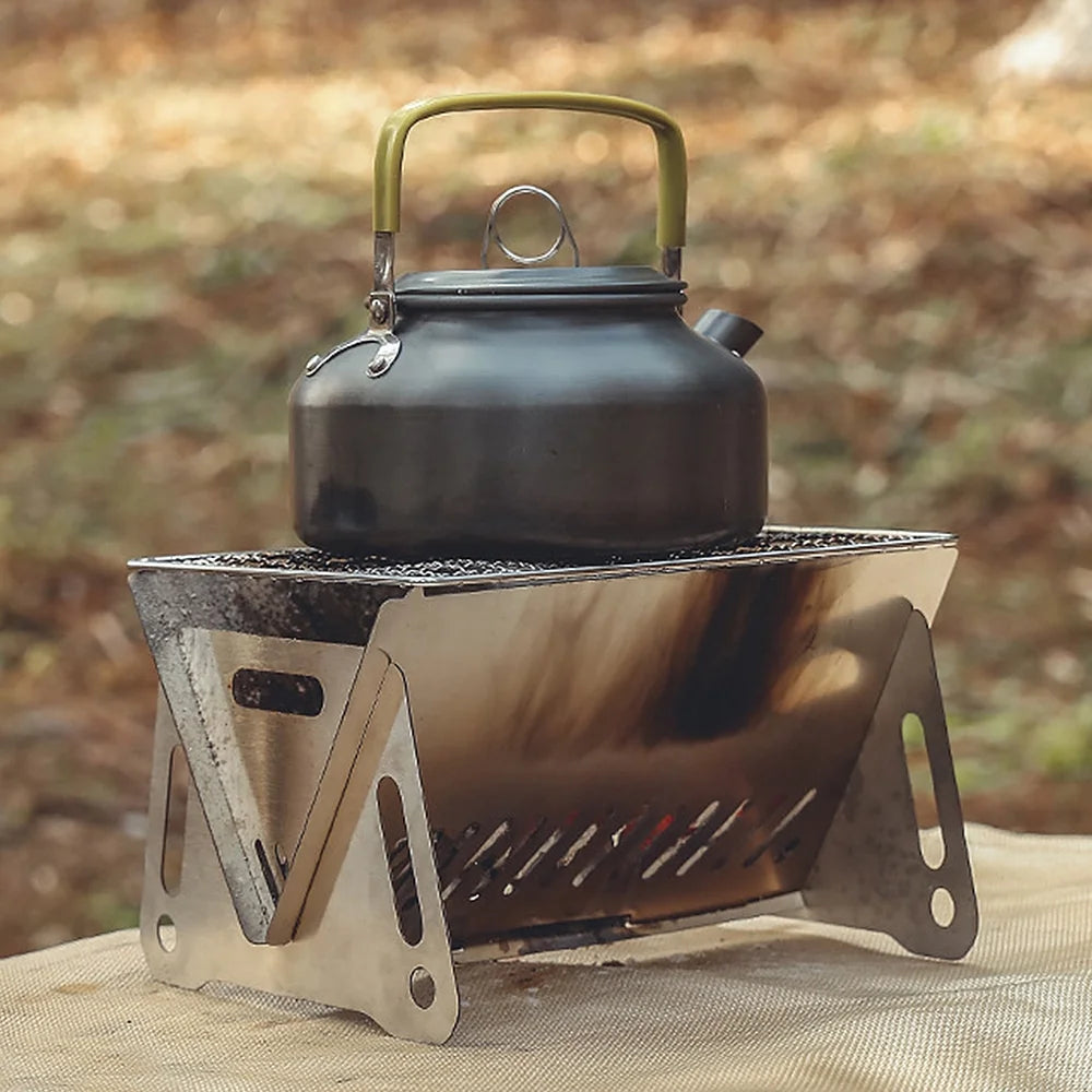 Portable Folding Stainless Steel Camping Wood Burning Stove with Grill Plate D5560