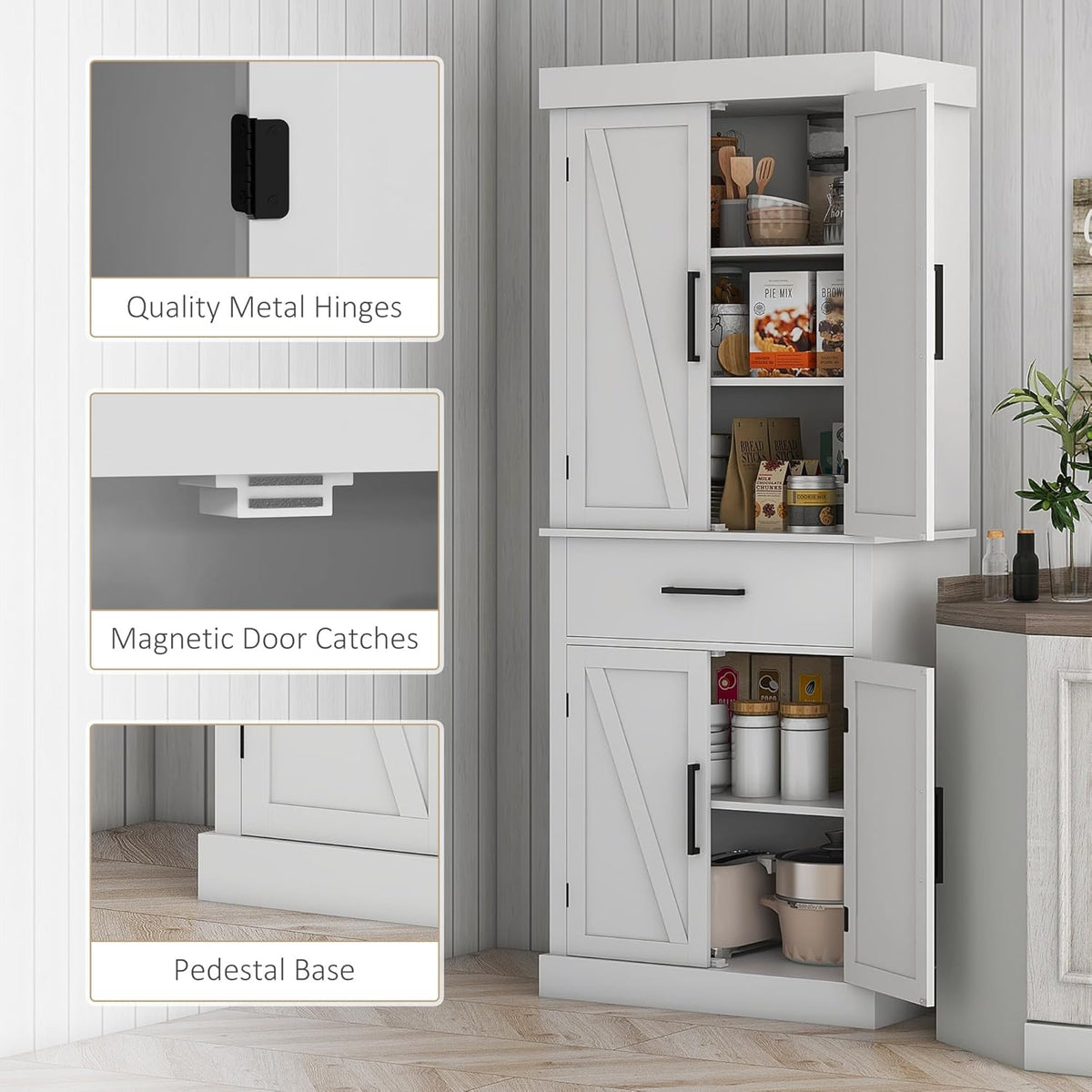 White 72" Tall Kitchen Pantry Storage Cabinet with 4 Barn Doors, Drawer, 5-Tier Shelf and Adjustable Shelves G390