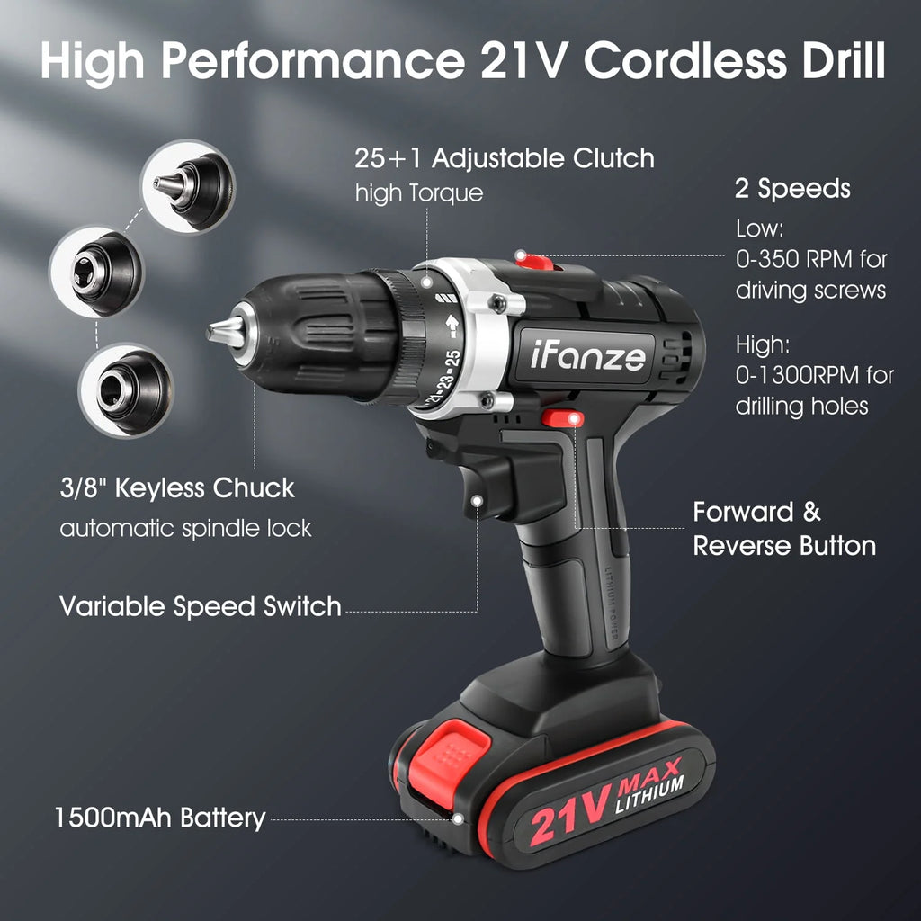 21V Cordless 3/8 inch Power Drill Driver Set with 2 Batteries X474856