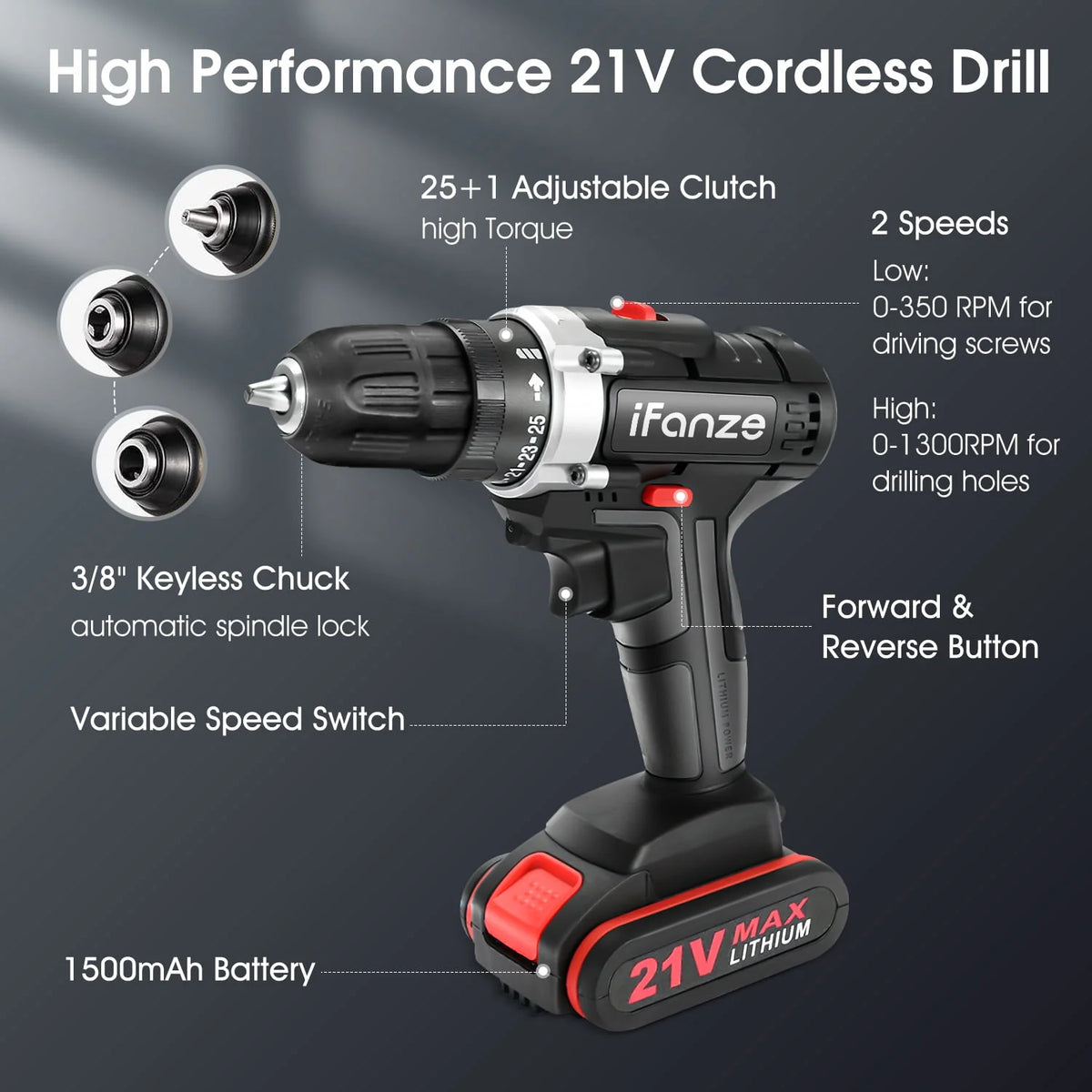 21V Cordless 3/8 inch Power Drill Driver Set with 2 Batteries X474856