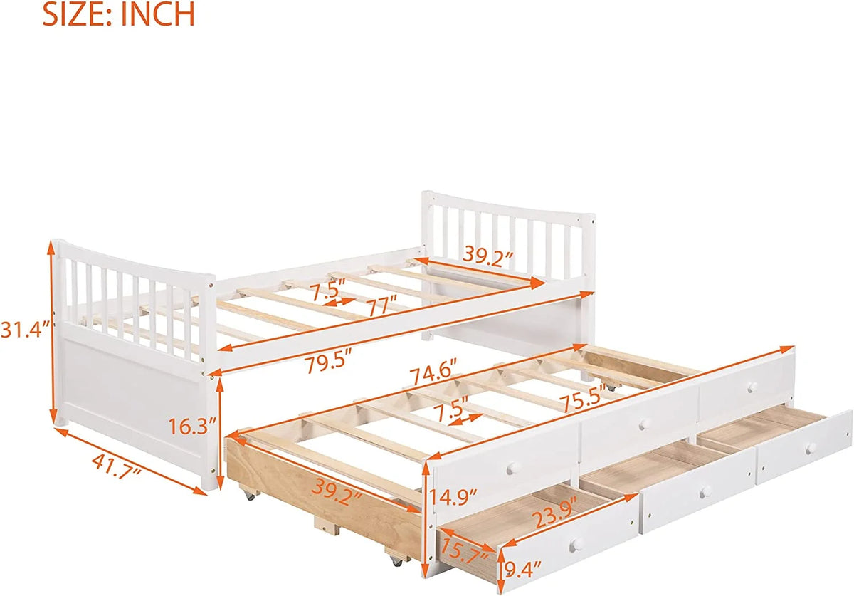 White Wood Daybed with Trundle and Drawers B88960