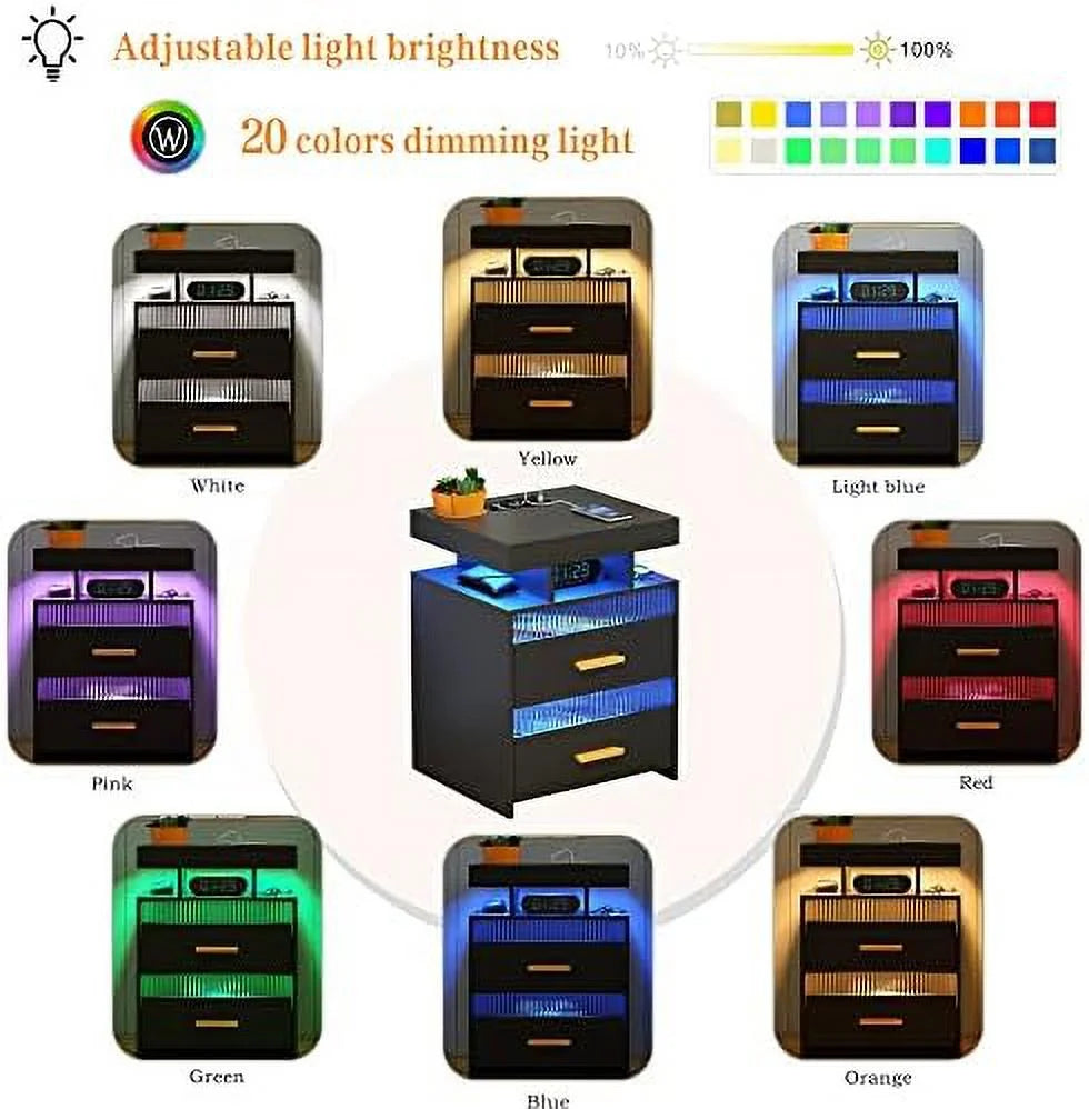 Gray Set of 2 Nightstands with 2 Drawers & LED Lights S6103