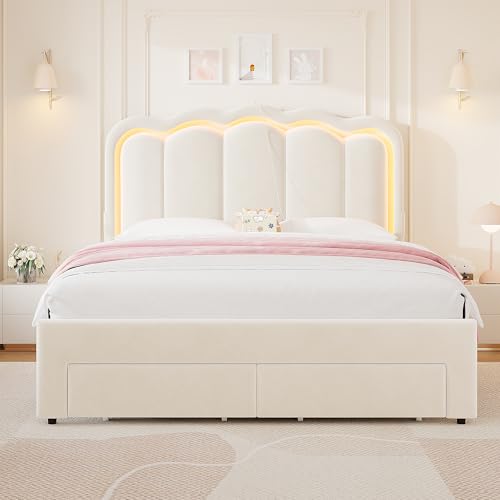 Beige Velvet Twin Upholstered Platform Bed with Storage Drawer I731112